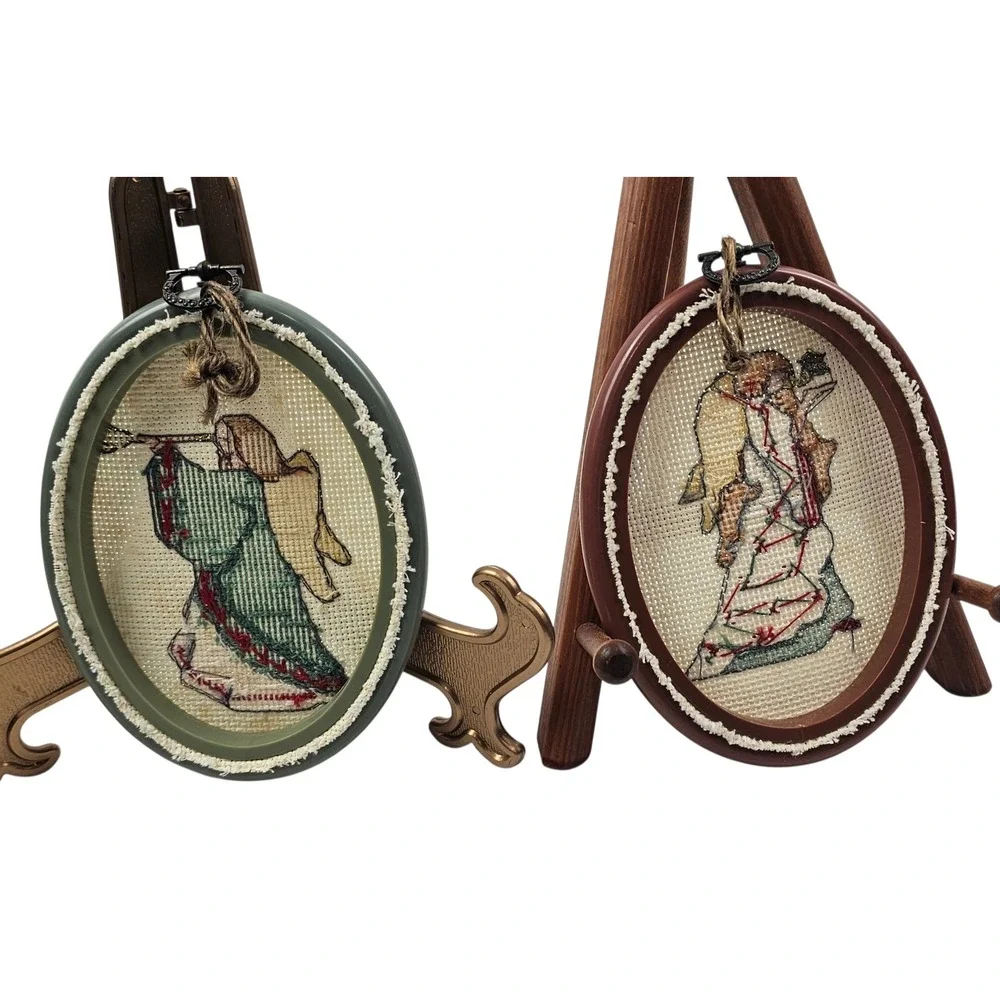 Vtg Handcrafted Angel Cross Stitch Oval Framed Ornaments Set of 2 Green Brown